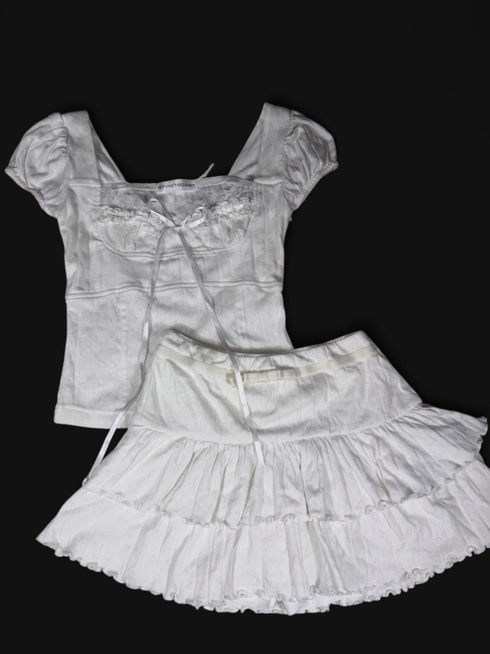 Coquette Lace-Trim Short Sleeve Top & Tiered Skirt Set